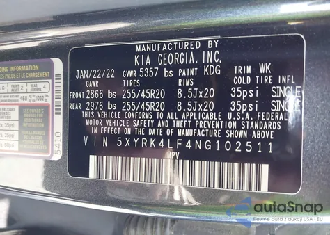 2022 Kia Sorento Sx z USA, uszkodzony, nr VIN 5XYRK4LF4NG102511